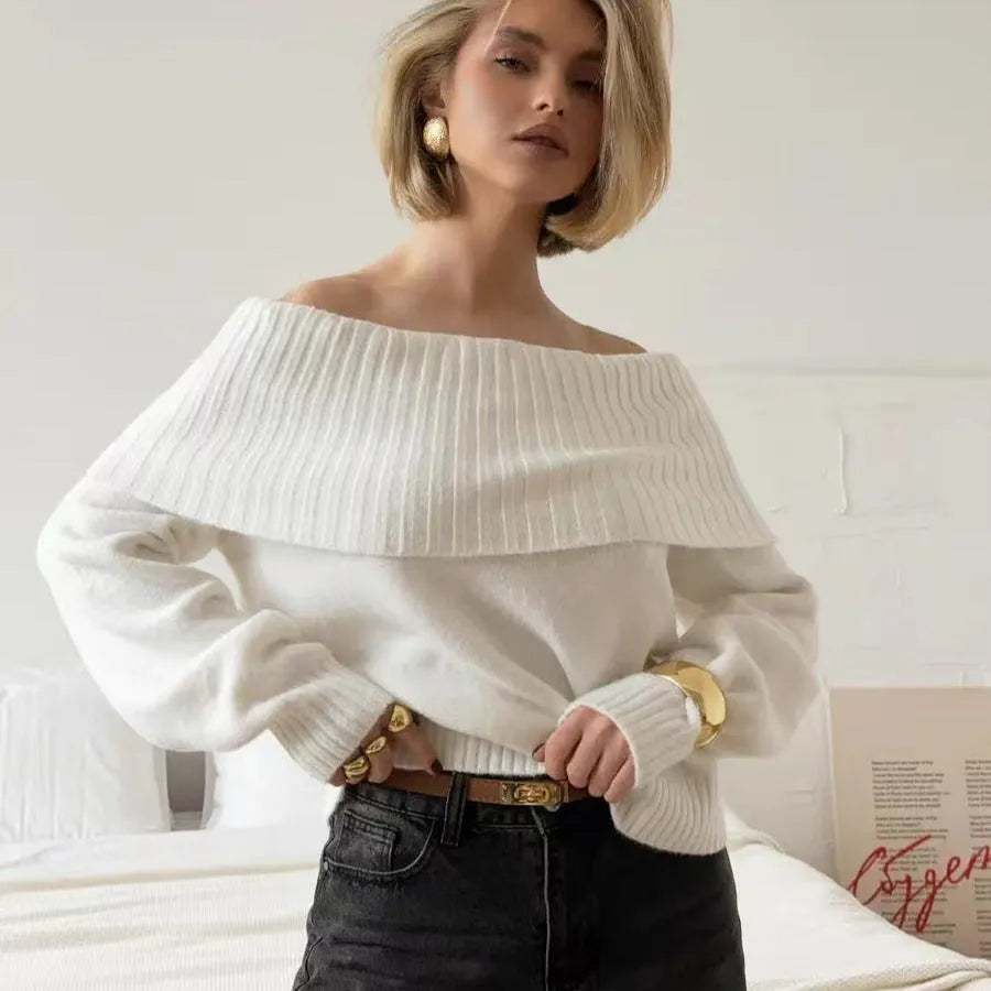 Grey off-the-shoulder sweater with 3D pattern texture and regular sleeves