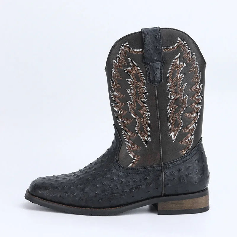 Men's black artificial leather Western-style motorcycle boots with square toe and wedge heel.