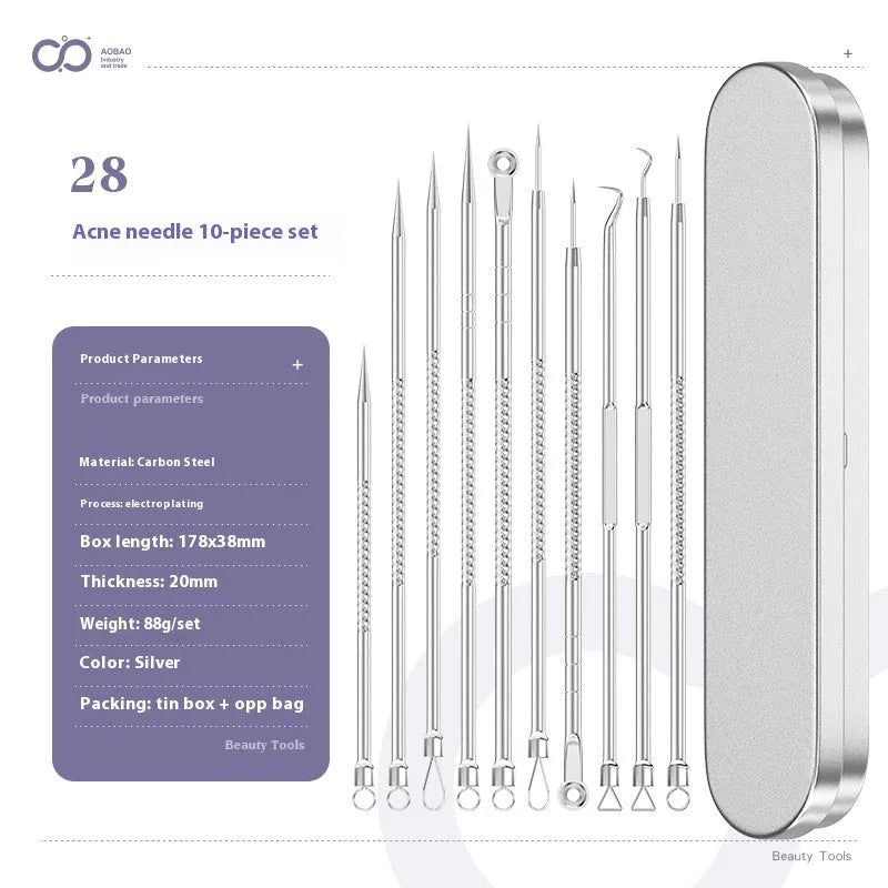 Four silver metal acne needles and a handling clip laid out on a clean surface.