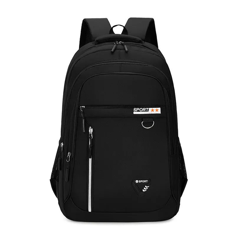 Men's Oxford cloth schoolbag in black with letter pattern, showing large capacity and air pillow straps