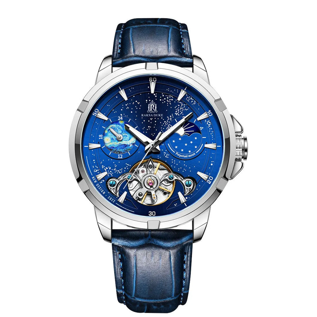Men's automatic mechanical watch with blue dial and analogue display