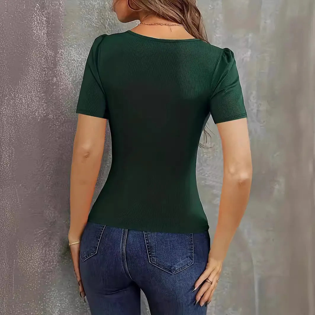 Women's slim fit knitted short sleeve top low neck design wine red colour