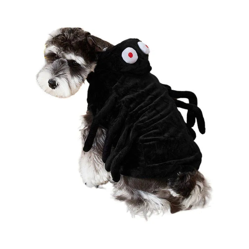 Dog wearing Halloween spider costume with black spider pattern on polyester fabric