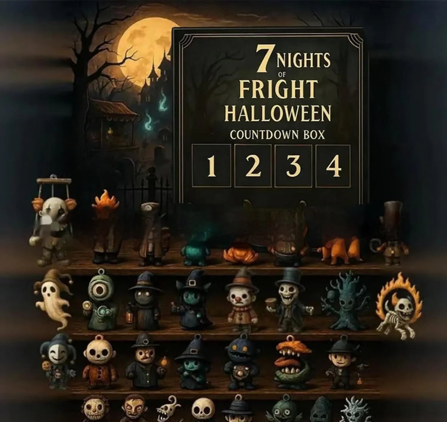 Halloween horror advent calendar countdown box with blind box packaging and resin scare doll.
