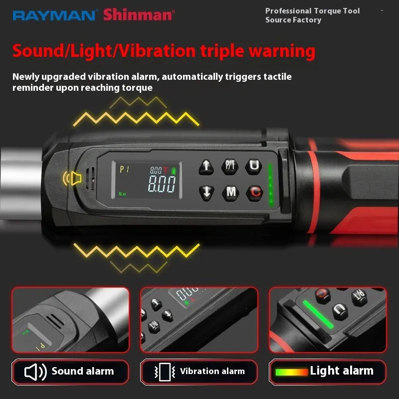 Electronic digital display torque wrench with LCD screen on chrome-vanadium steel shaft.