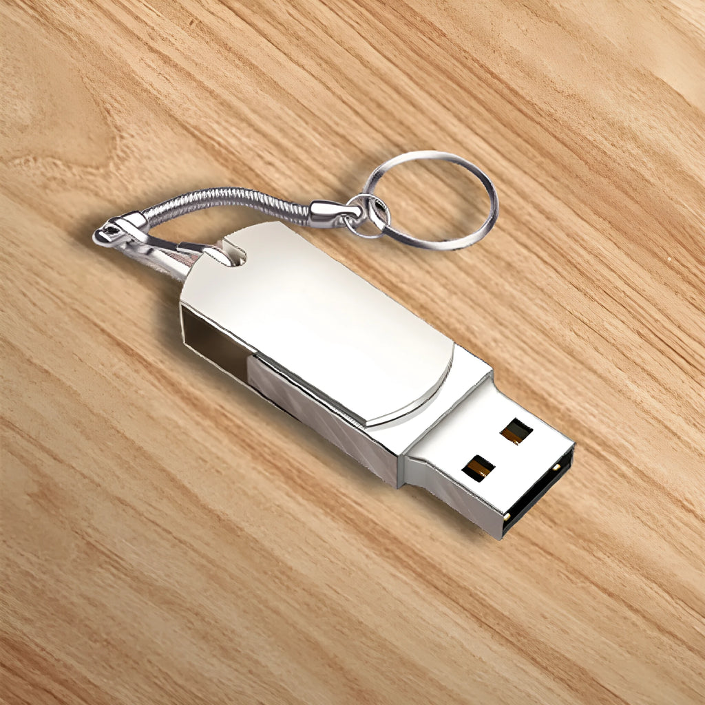 White metal USB flash drive with a rotating cap, showing 16GB capacity and USB 3.0 connector.