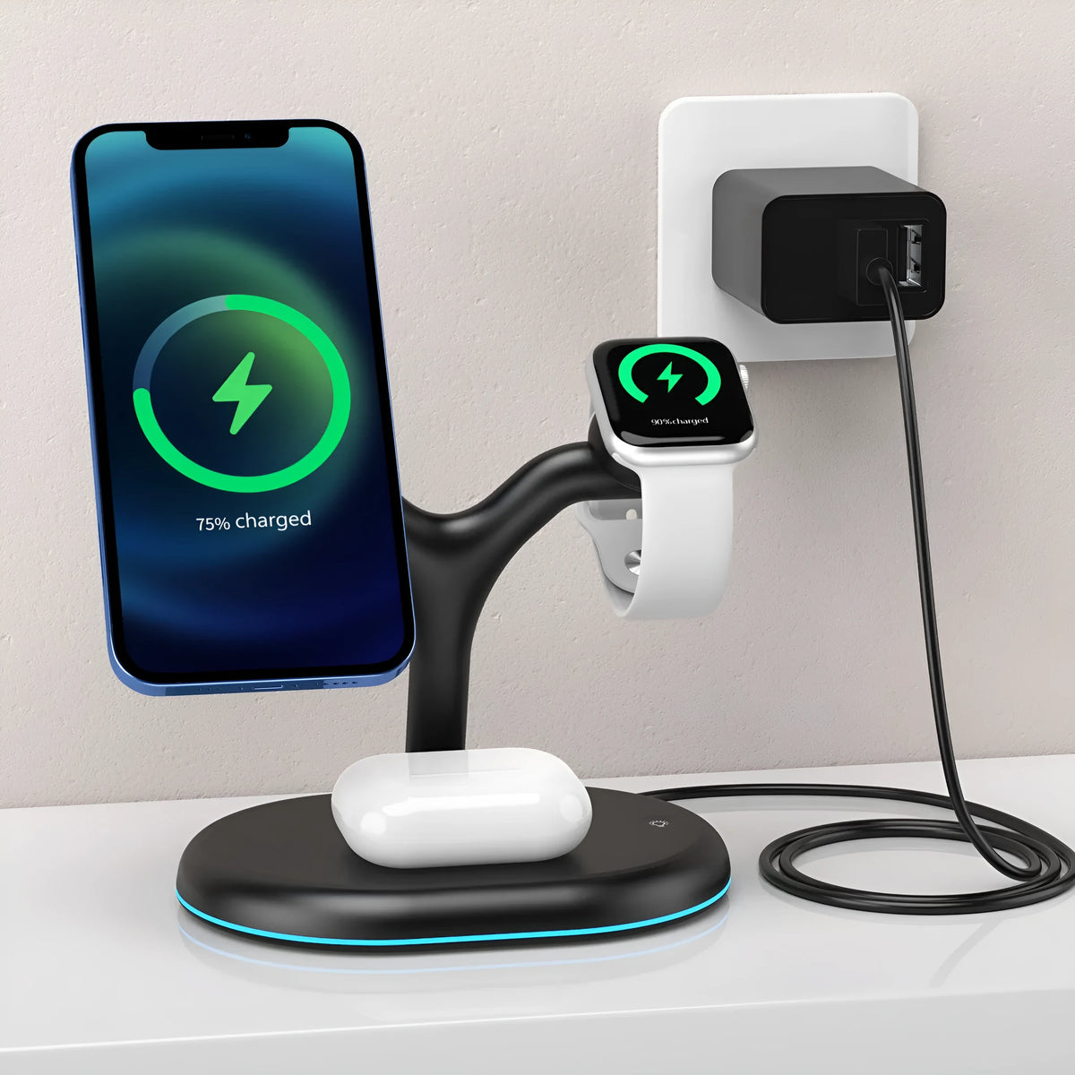 Black magnetic wireless charger with power bank and phone stand functions