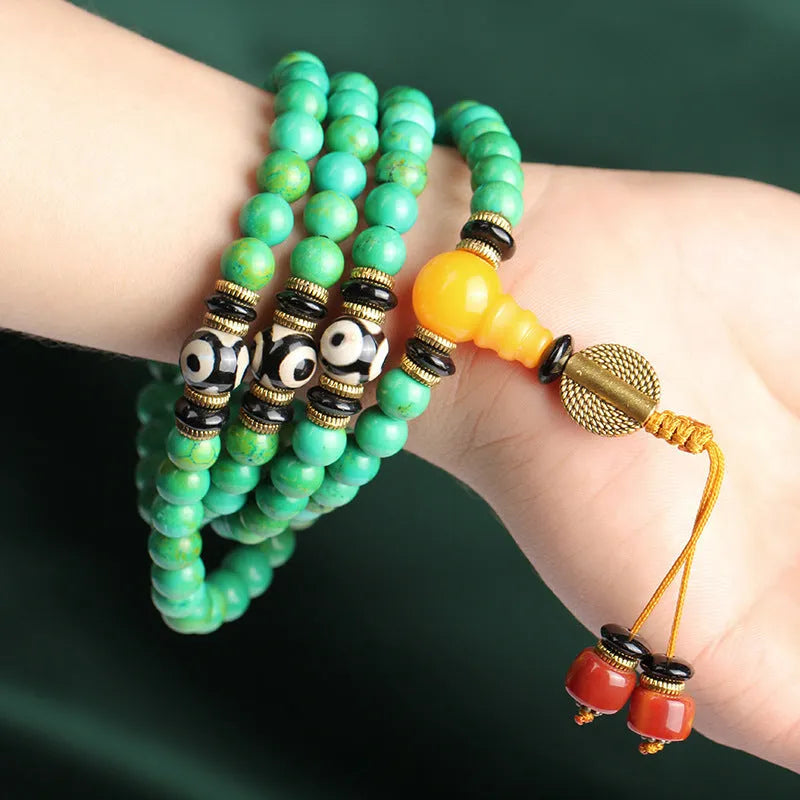 Natural turquoise stone bracelet with 108 polished 8mm round beads in national style design