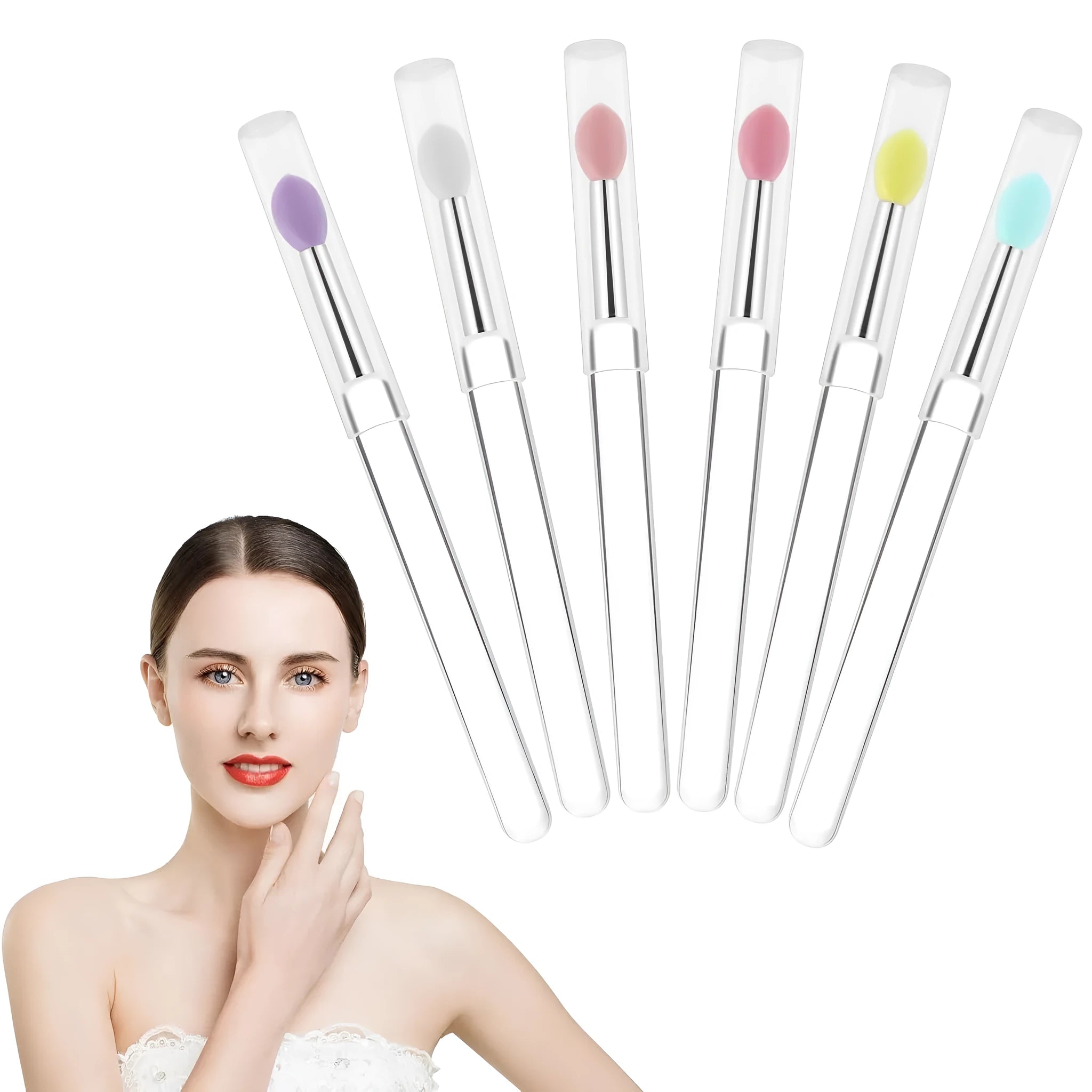 Set of reusable silicone lip brushes with protective caps in eight different colours.