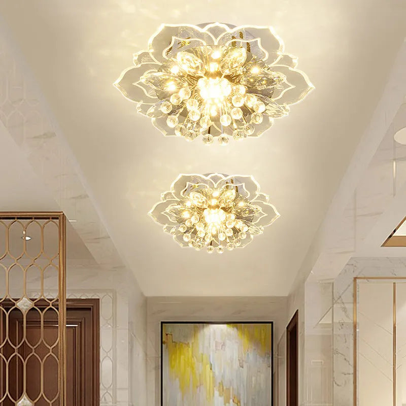 Modern crystal ceiling lamp with flower-shaped shade and LED light source for living room or bedroom