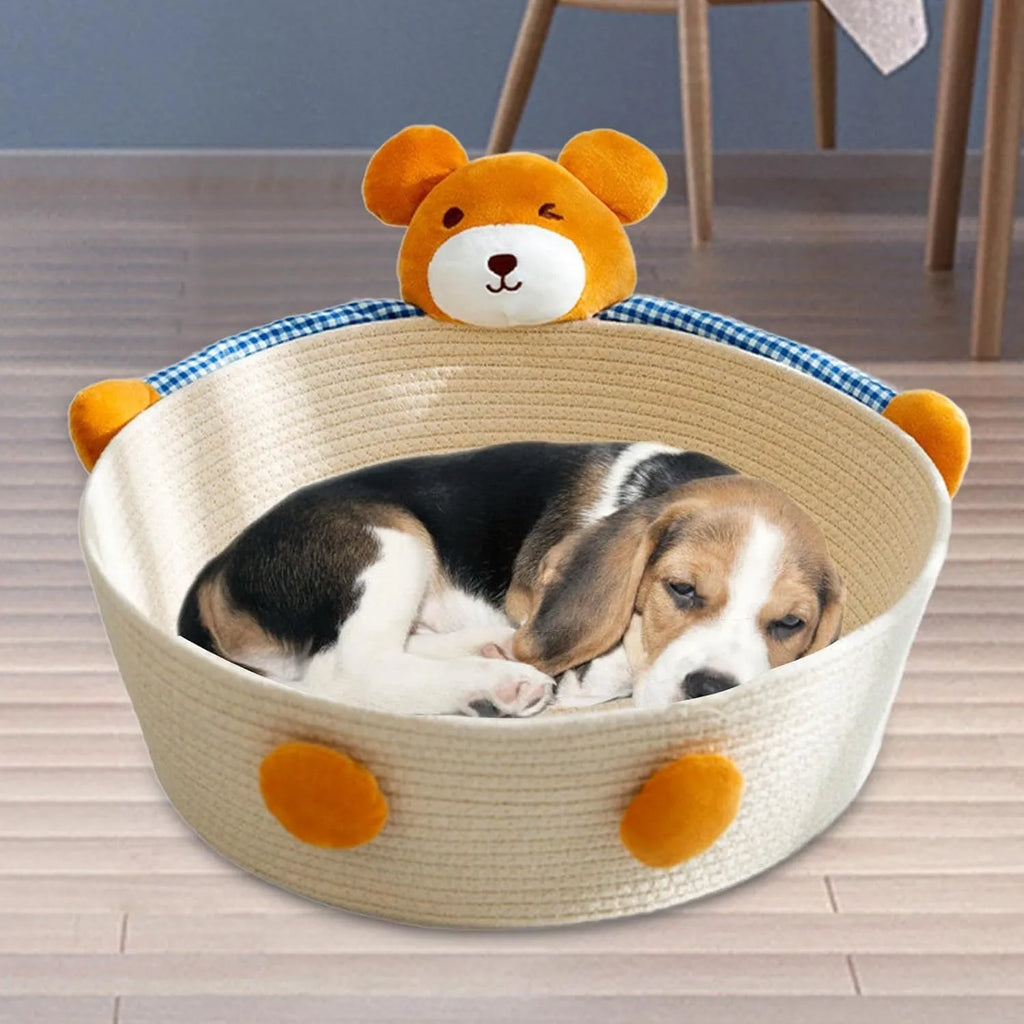 Woven cotton rope cat bed and scratcher basket in bear design, showing textured surface.