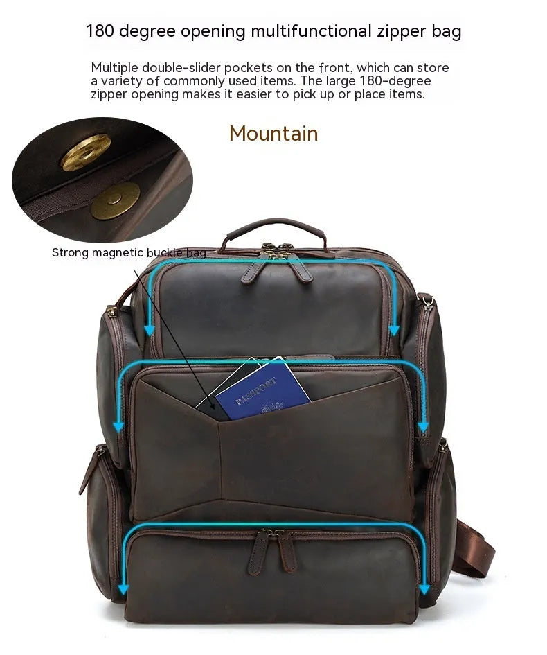 Dark brown retro crazy horse leather backpack for men with double shoulder straps, open front pocket.
