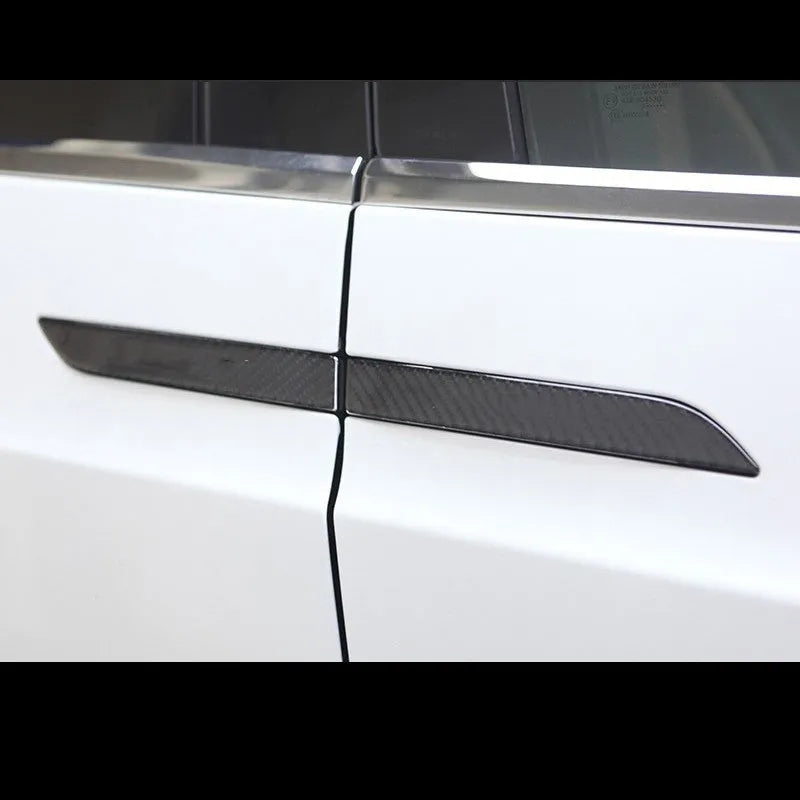 Four carbon fibre adhesive door handle protection patches for Tesla Model S with drip texture finish