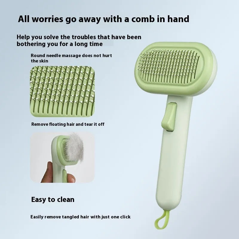Large pet hair removal comb with one-click button in light grey colour for cat and dog grooming