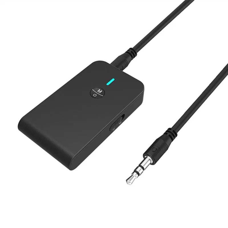 Black Bluetooth audio adapter with 3.5mm AUX jack for converting wired headphones to wireless operation