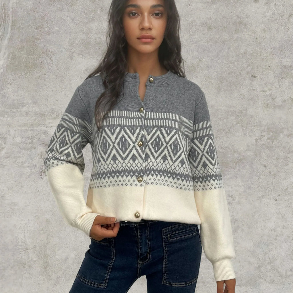Women's grey alpaca wool cardigan with diamond knit and contrast colour block design