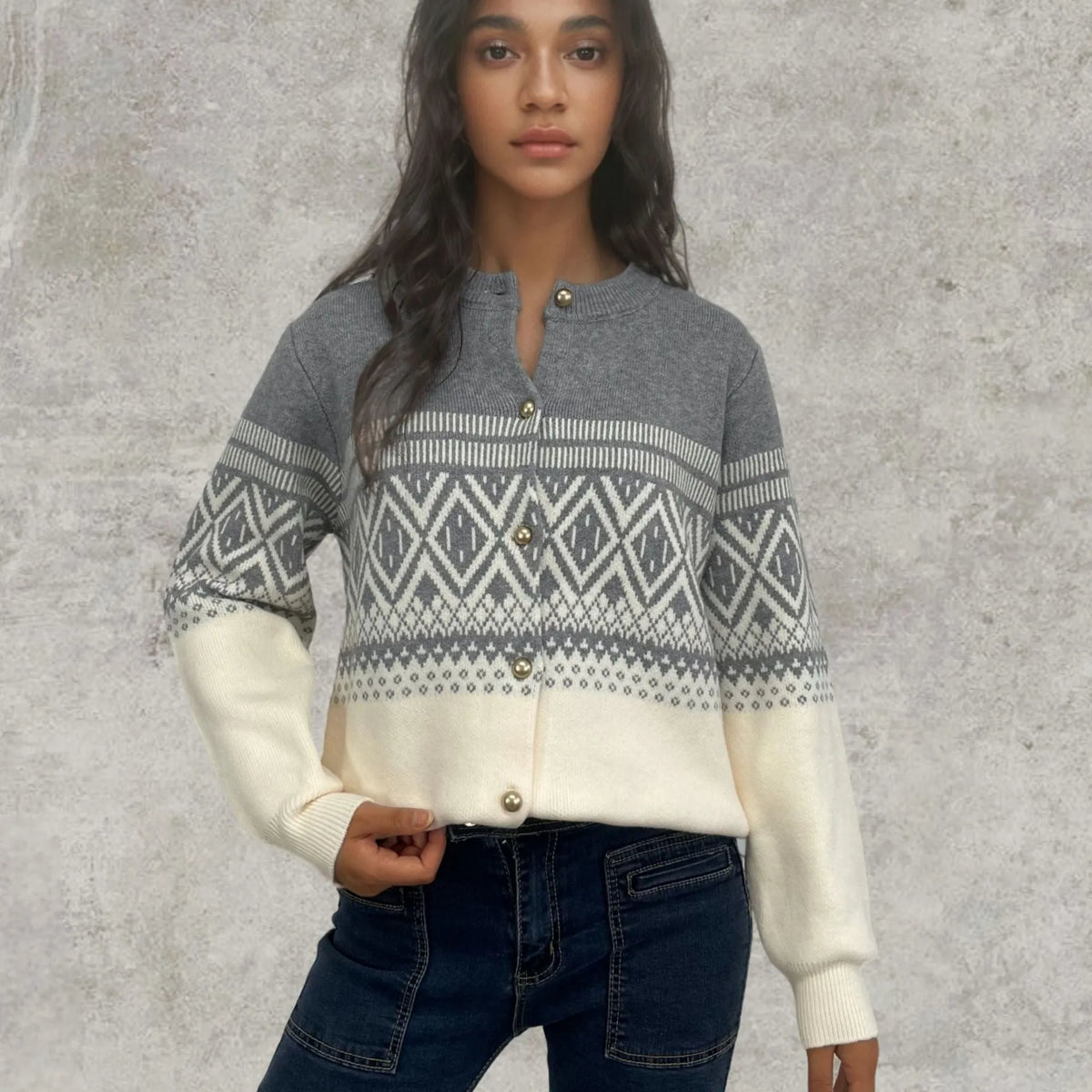 Women's grey alpaca wool cardigan with diamond knit and contrast colour block design