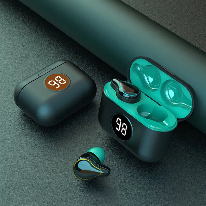 Black and blue Bluetooth wireless in-ear headphones showing earplug design and bilateral stereo configuration