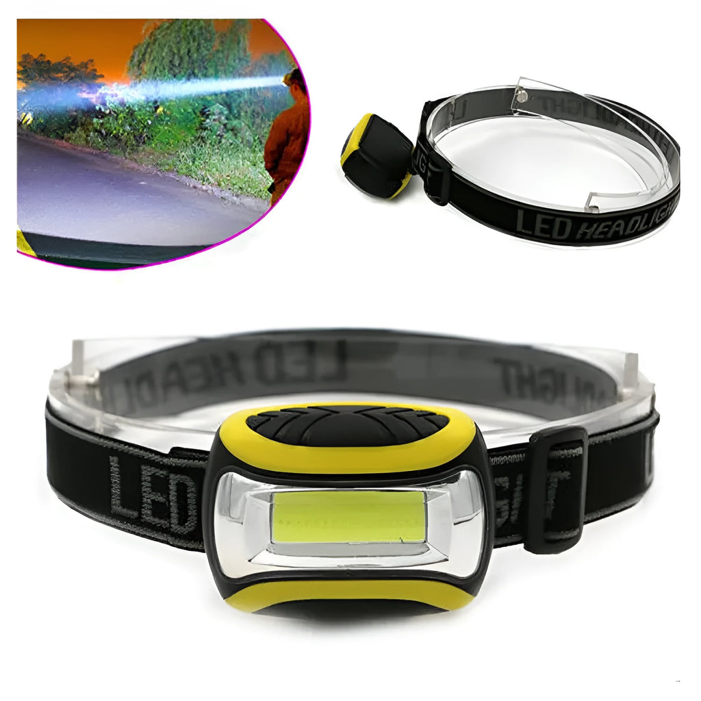 Yellow plastic headlamp with a central COB LED light, shown as a single unit for outdoor use.