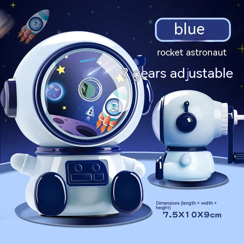 Blue astronaut cartoon manual pencil sharpener for children with adjustable sharpening levels