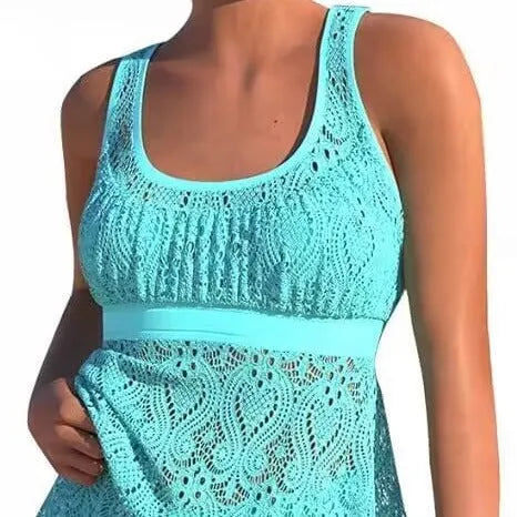 Women's conservative two-piece nylon swimsuit set in a solid colour for professional swimming sports.