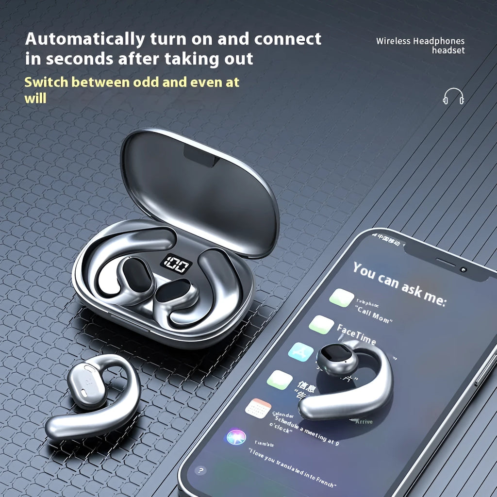Black and white ear-mounted Bluetooth headset with digital display screen, shown with charging cable.