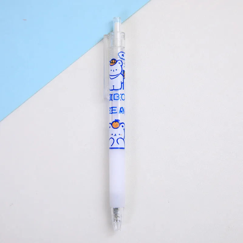 Six cream-coloured press pen knives with bear and rabbit character designs including orange bear, doll bear, and bowtie rabbit