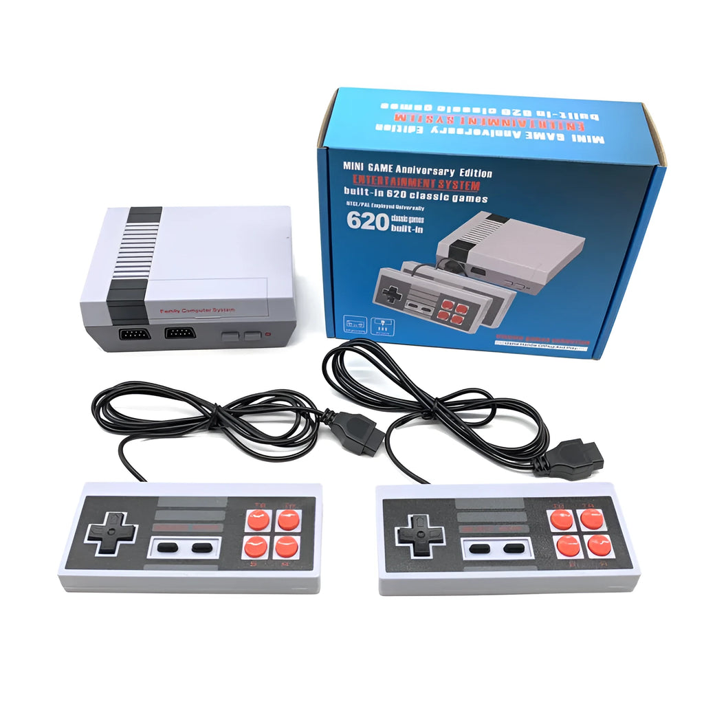 NES 620 Mini Retro Game Console with two controllers and AV cable on a table