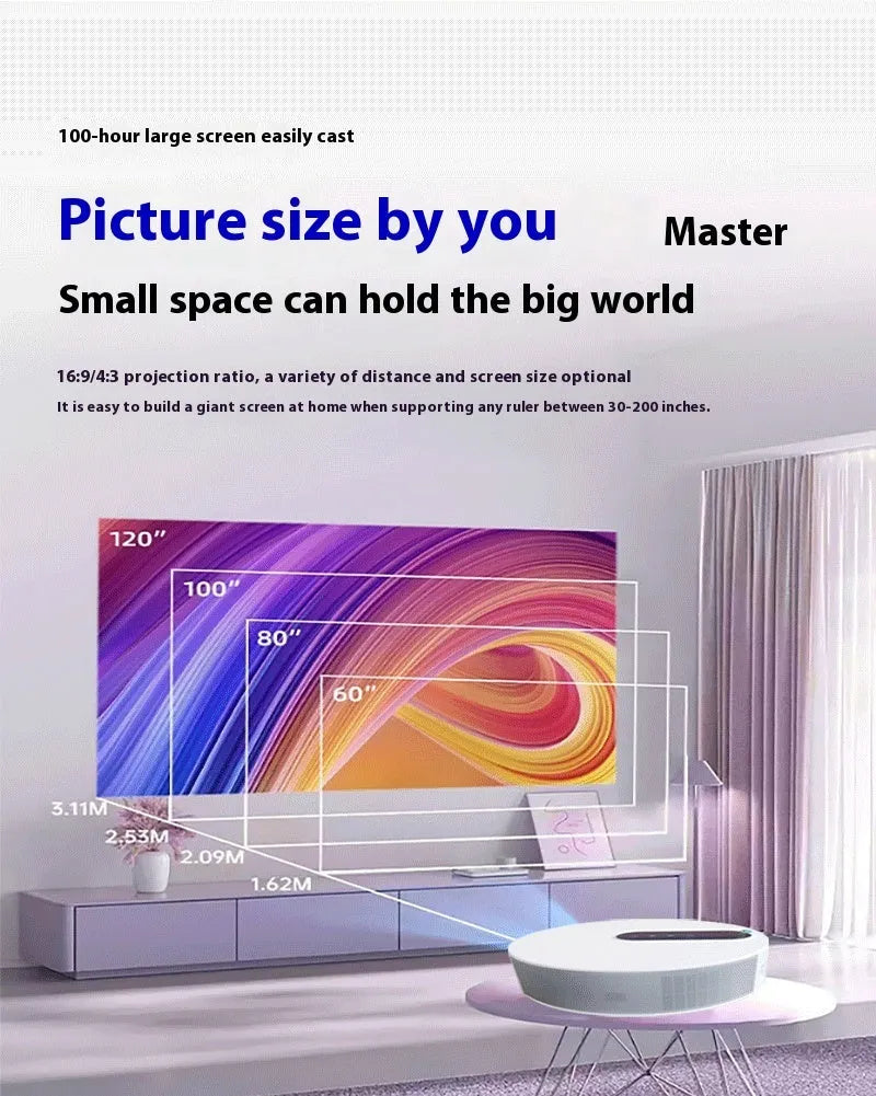 White HD home theatre projector with remote control on dark background