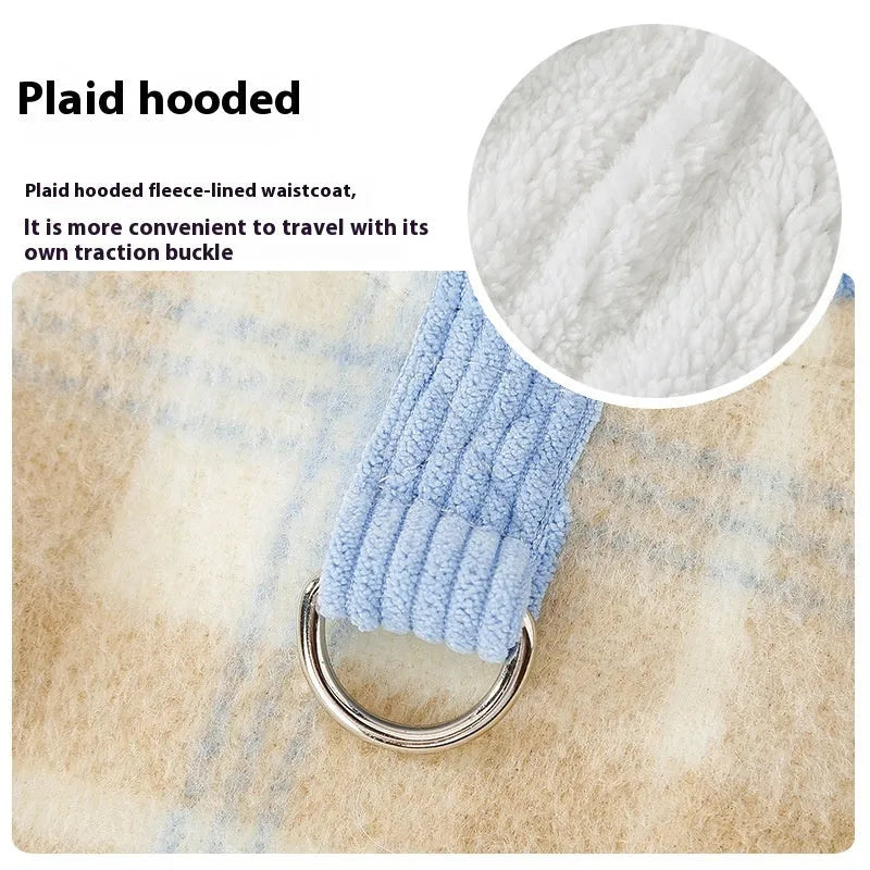 Blue chessboard grid hooded dog vest with traction features on corduroy fabric