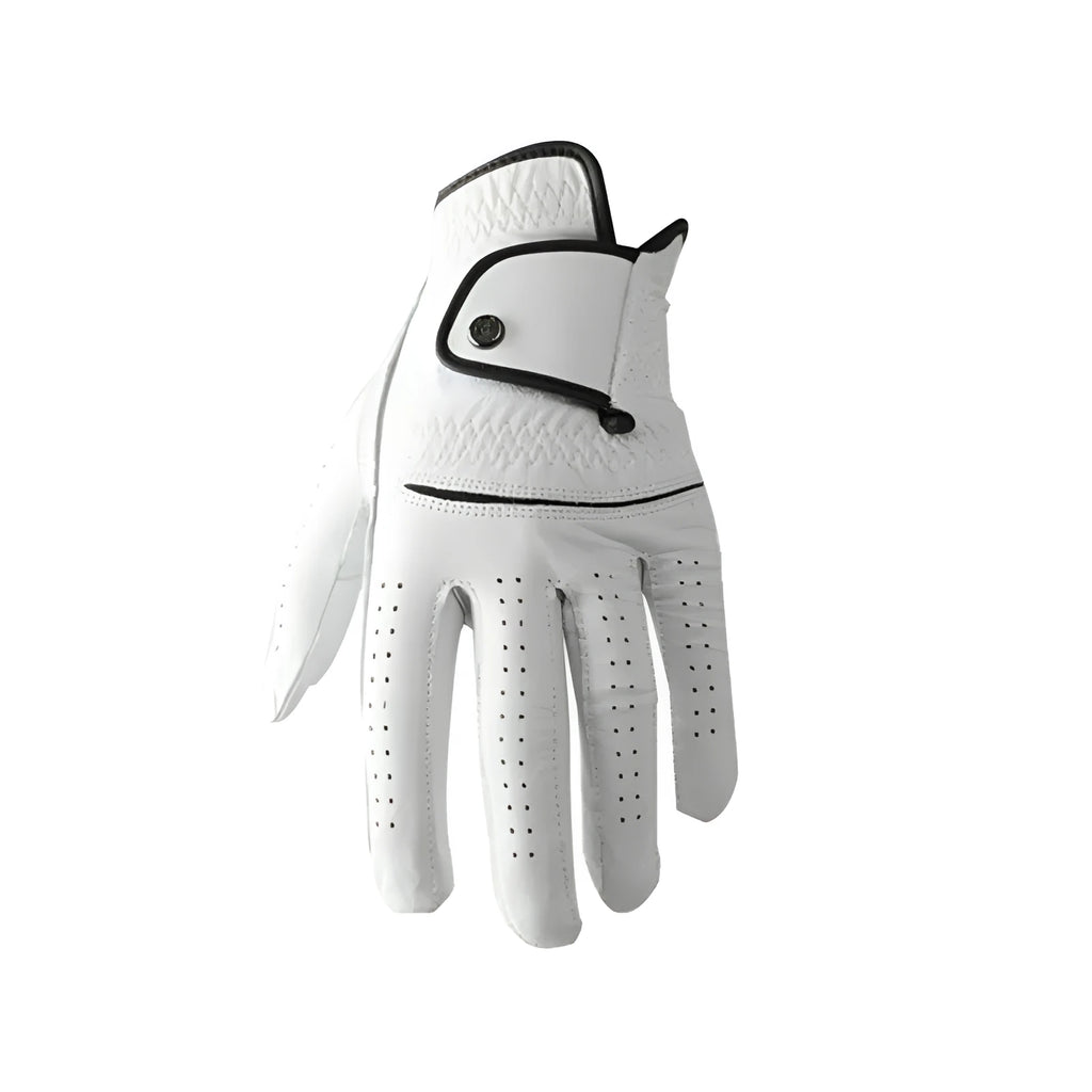 Men's white half sheepskin leather golf glove showing non-slip palm detail