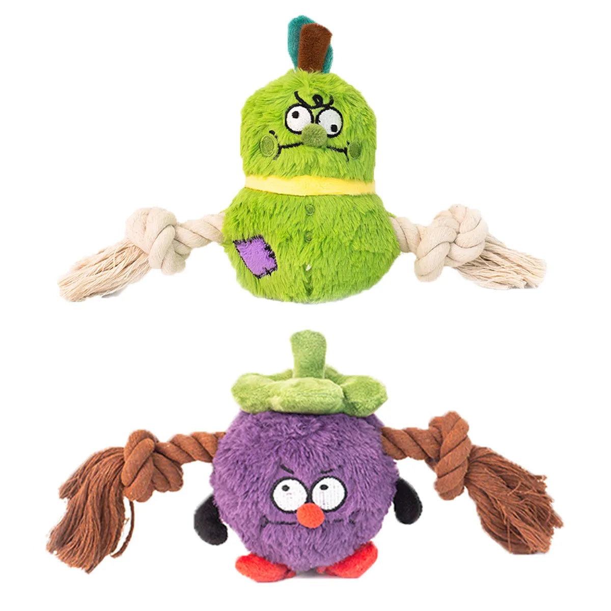 Green and purple plush rope knot dog toy with bite-resistant design for tug-of-war and tooth cleaning