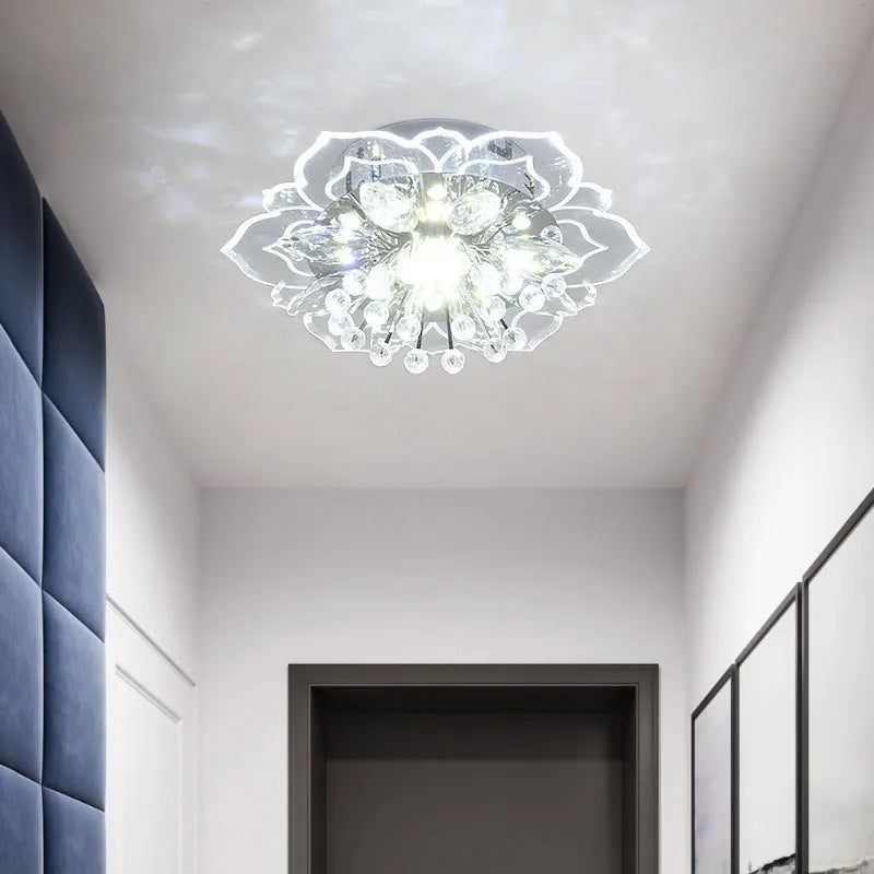 Modern crystal ceiling lamp with flower-shaped shade and LED light source for living room or bedroom