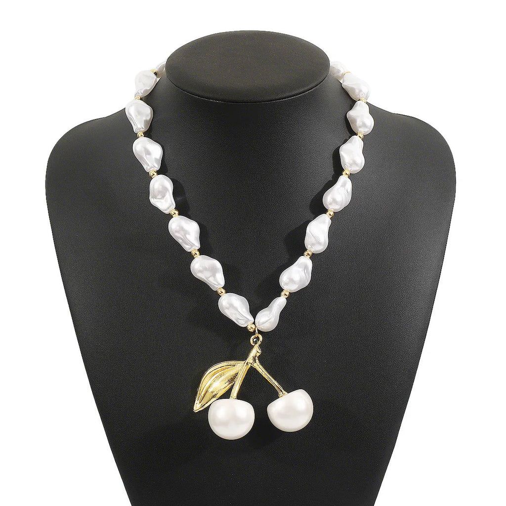 Alloy imitation pearl necklace with irregular geometric cherry fruit pendant on pearl chain