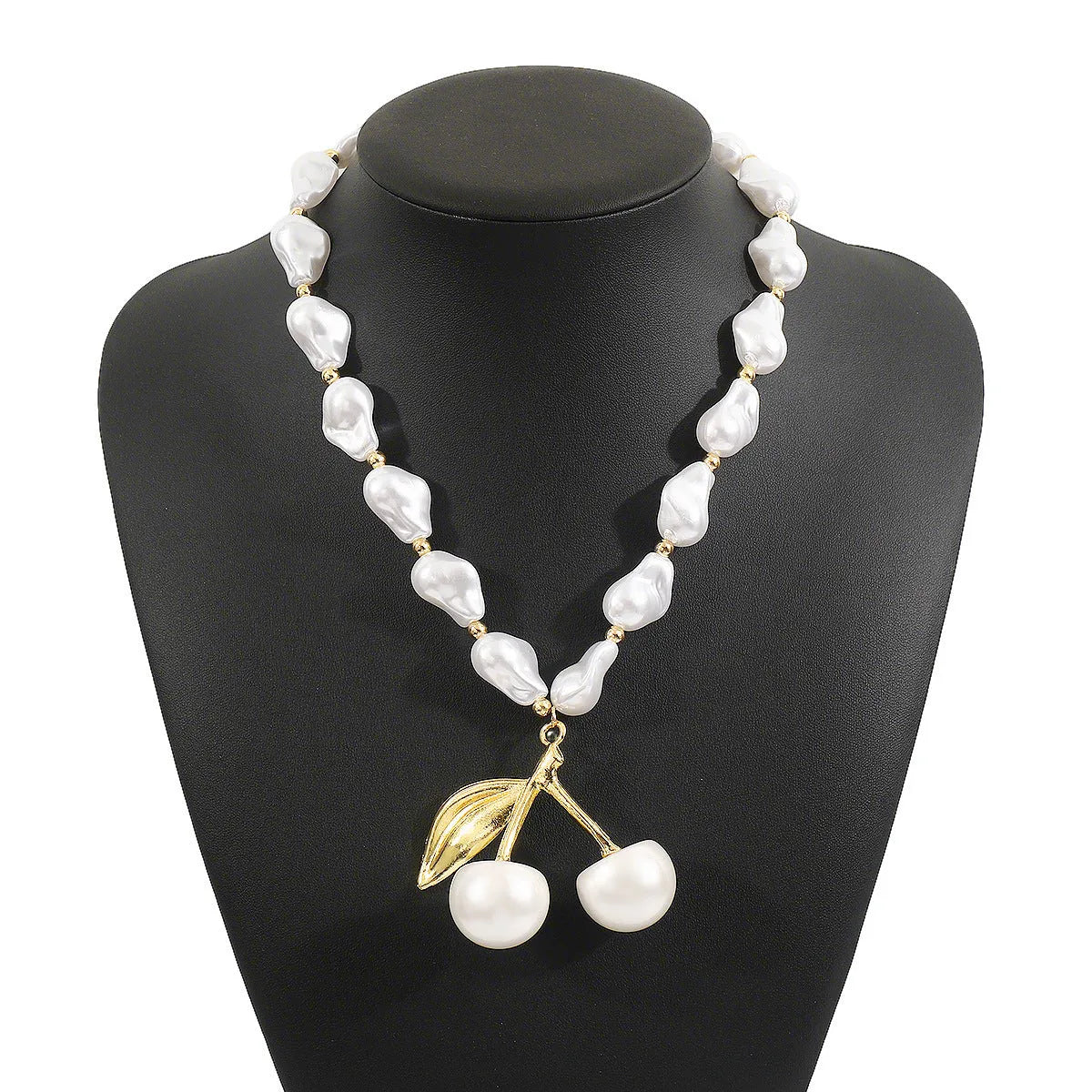 Alloy imitation pearl necklace with irregular geometric cherry fruit pendant on pearl chain
