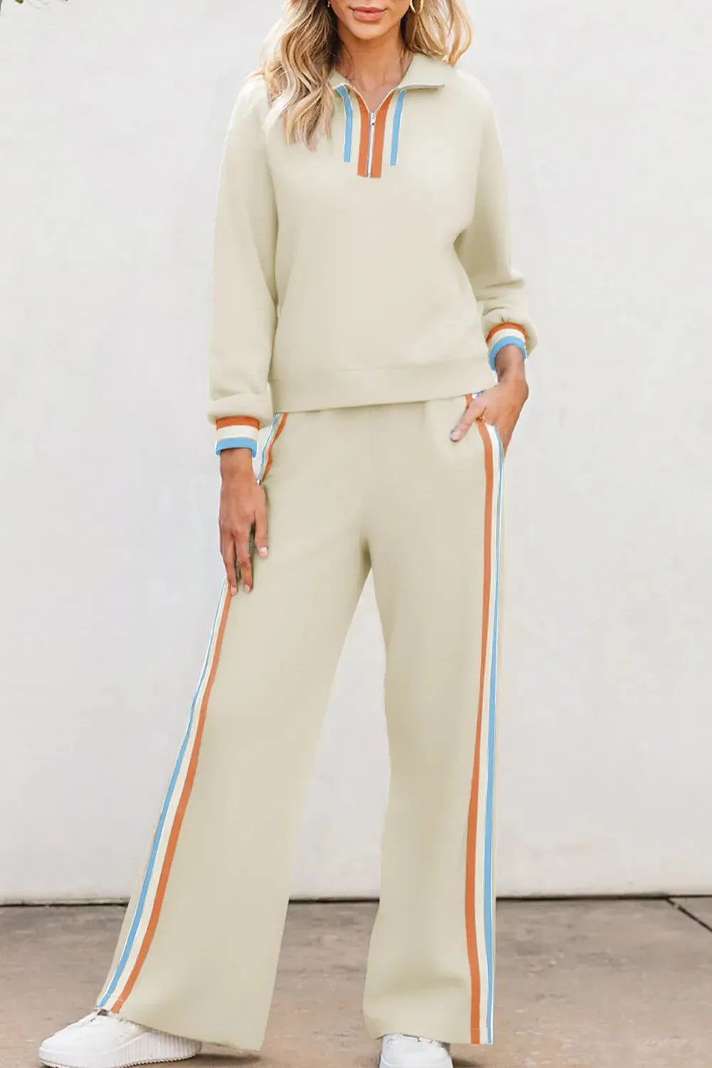 Apricot striped patchwork quarter zip pullover and loose pant set for women, sizes S to XL