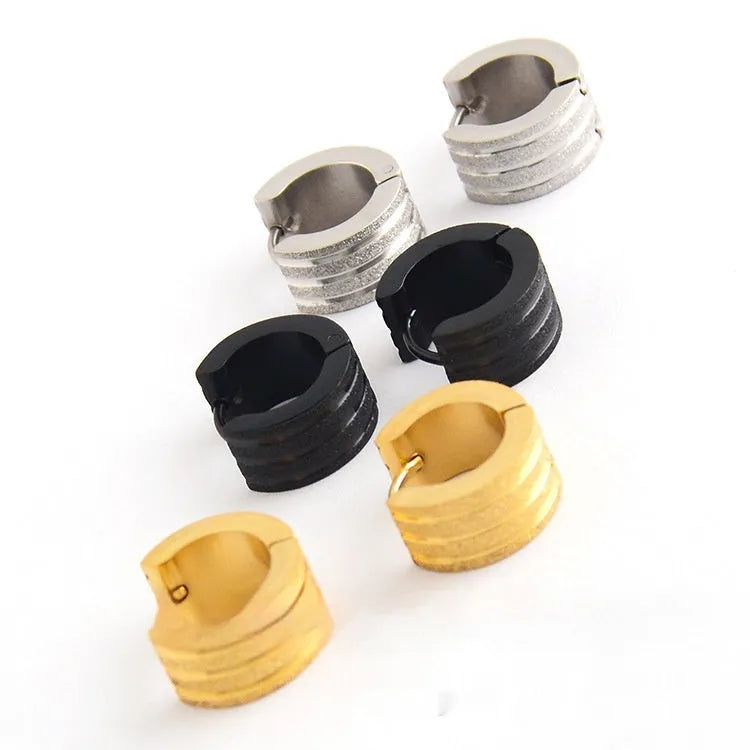 Korean style three-line frosted geometric earrings in titanium steel, showing black, gold and steel colour options