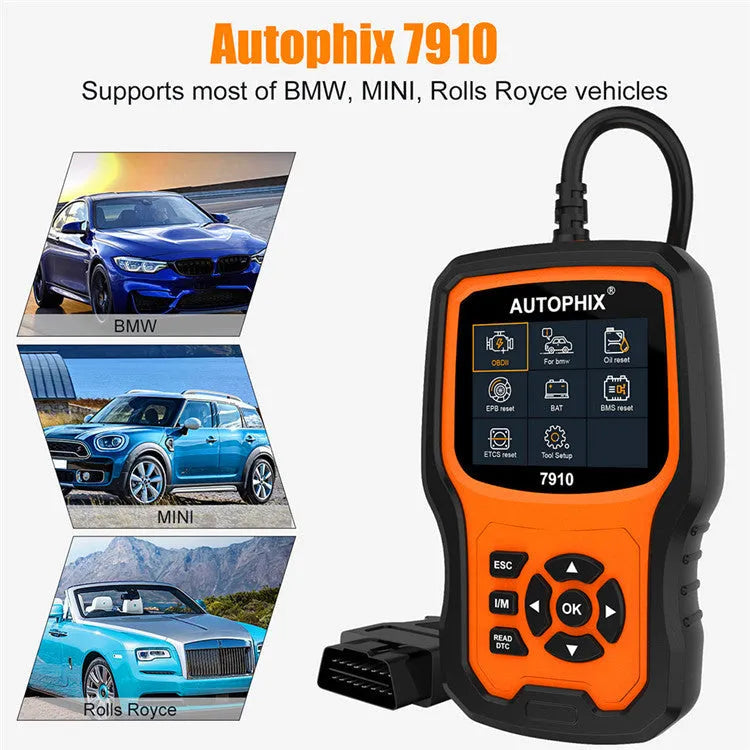 Autophix 7910 BMW diagnostic scanner OBD2 fault code reader with display showing vehicle system diagnostics