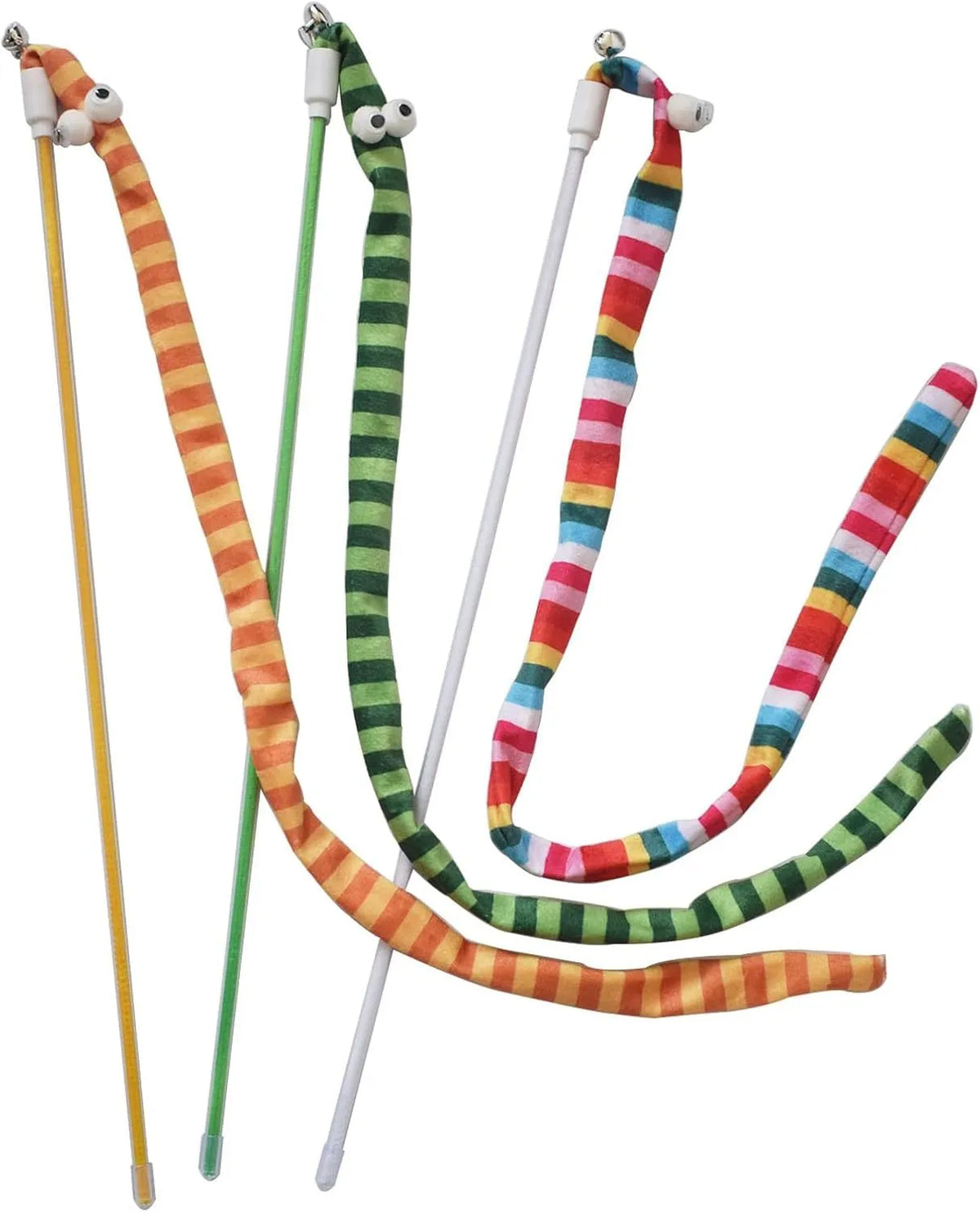 Colourful cat teaser wand toy with a long plush strip and polycarbonate pole
