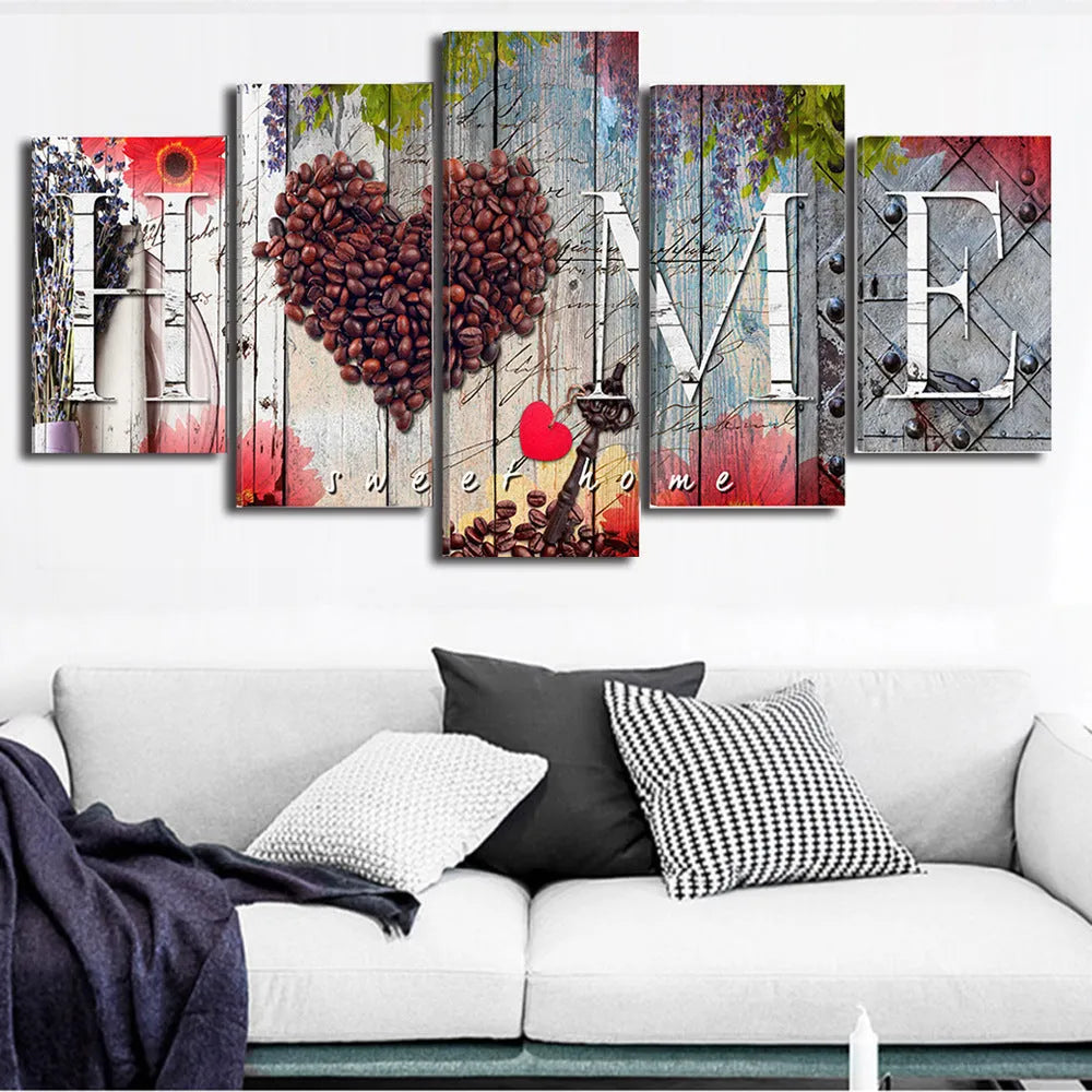 Set of five red oil painting texture canvases in different sizes for home wall decoration