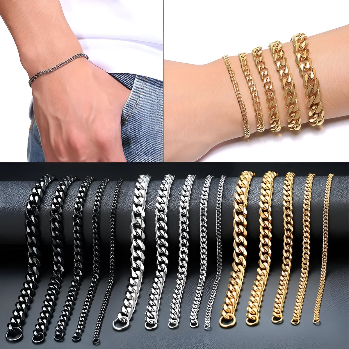 Six-sided geometric Cuban link chain bracelet in metal, shown in gold, black, and steel colour finishes.