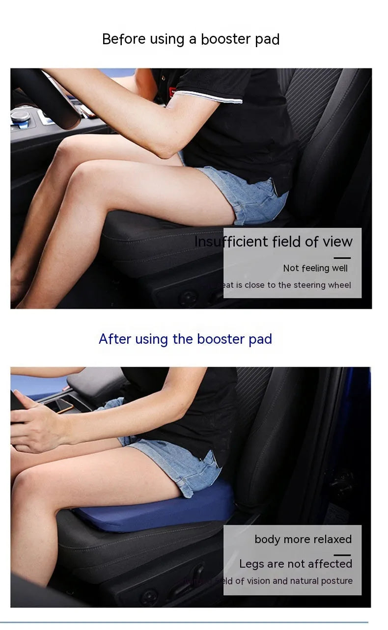 Black car seat heightening cushion with thick 6cm foam build on a car seat