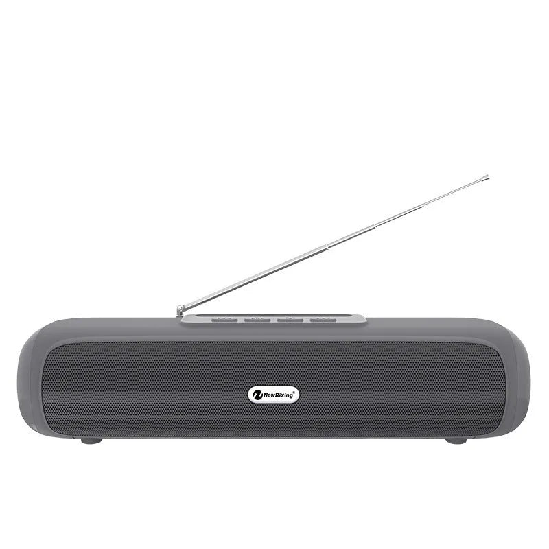 Long strip wireless desktop subwoofer speaker in black, blue, red, or silver grey finishes.