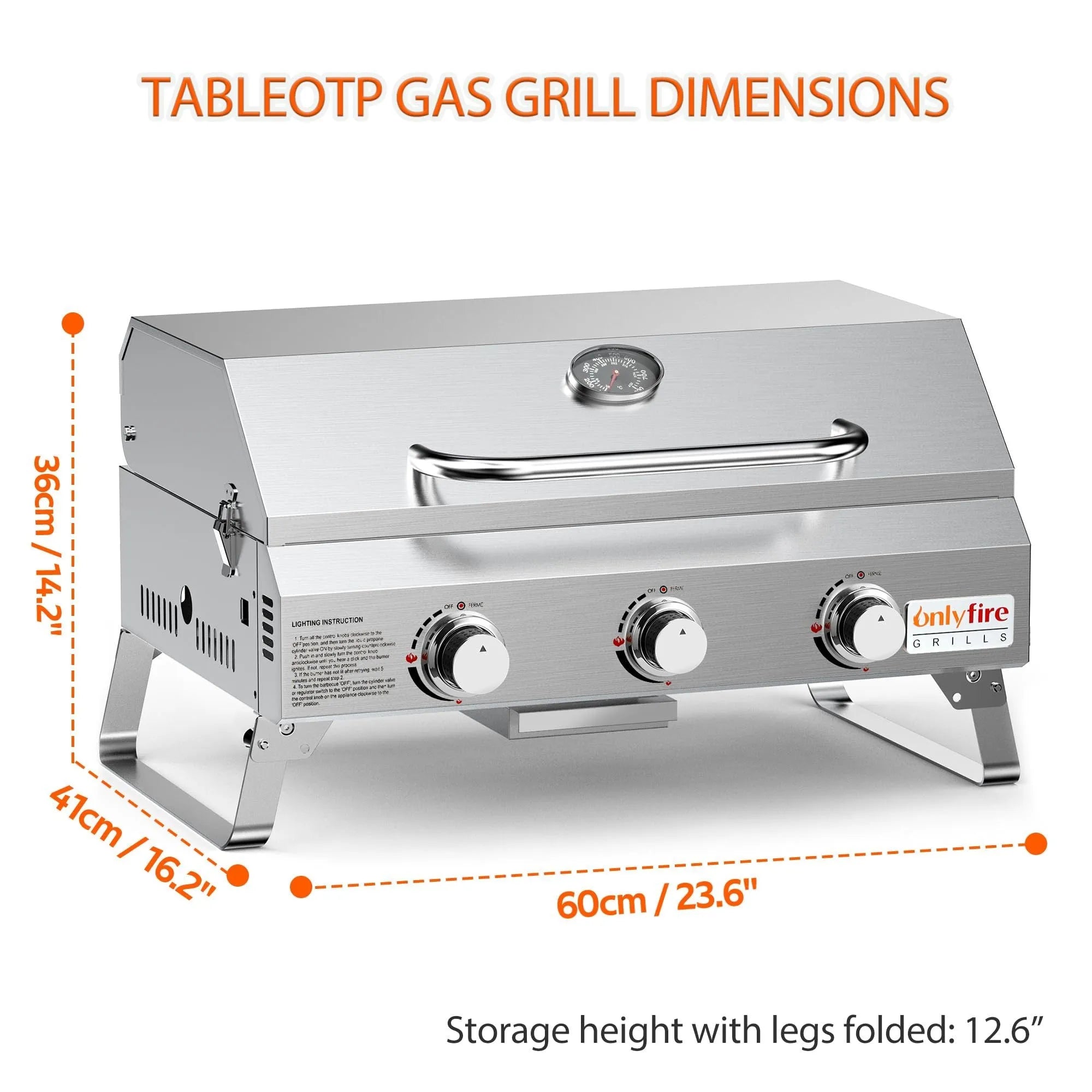 Silver desktop gas barbecue grill with three burners and foldable legs