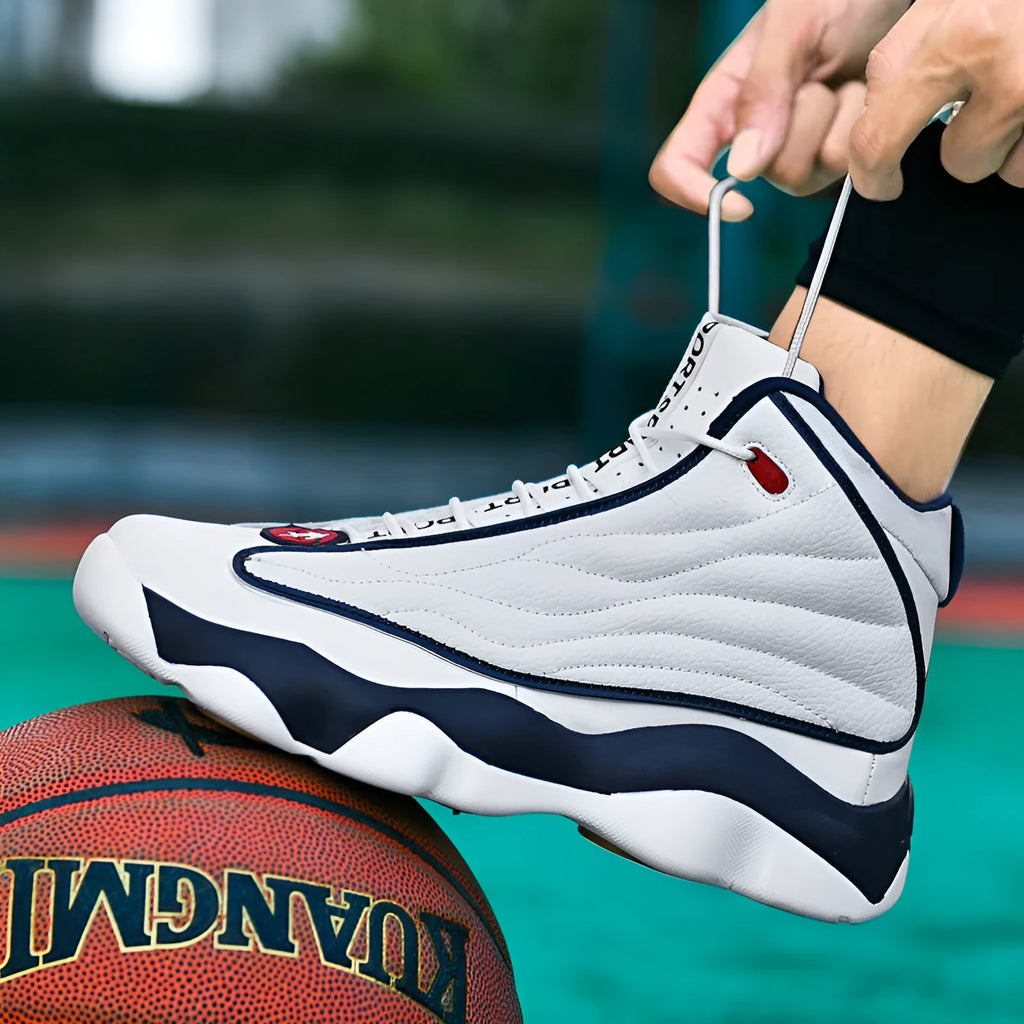 High-top basketball shoes in AJ13 white red colourway with mesh upper and rubber sole