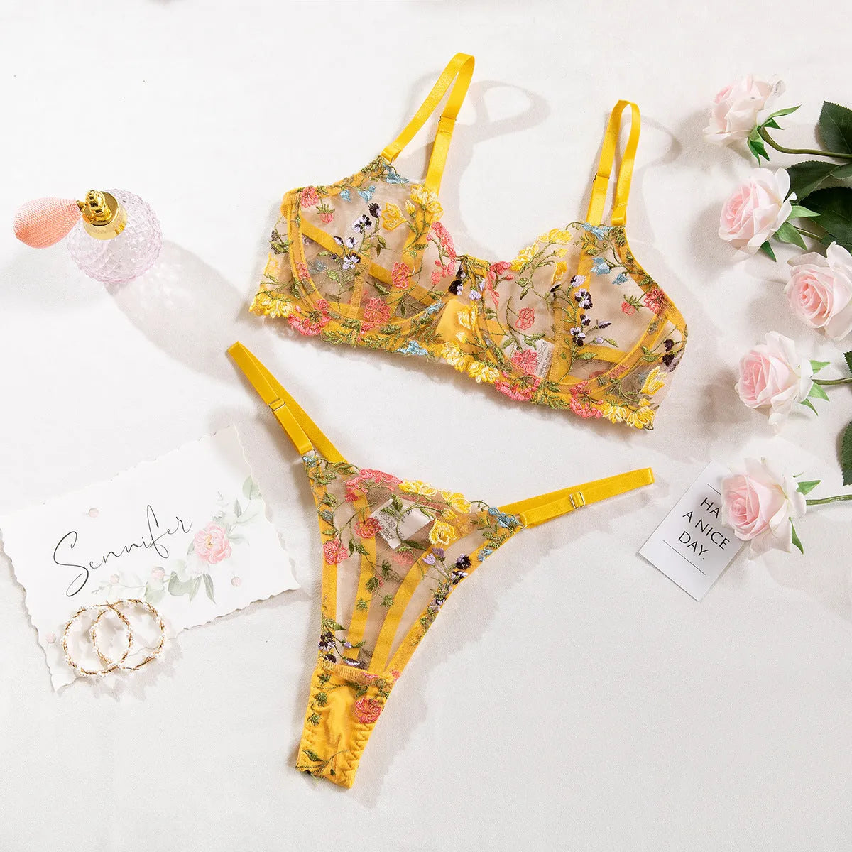 Floral mesh bra set with steel ring T-back design in multiple colours