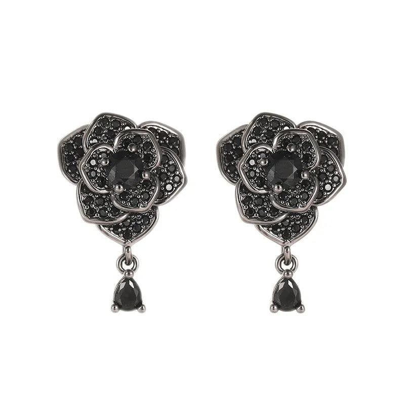 Black rose zircon flower stud earrings with electroplated 18K gold finish on copper