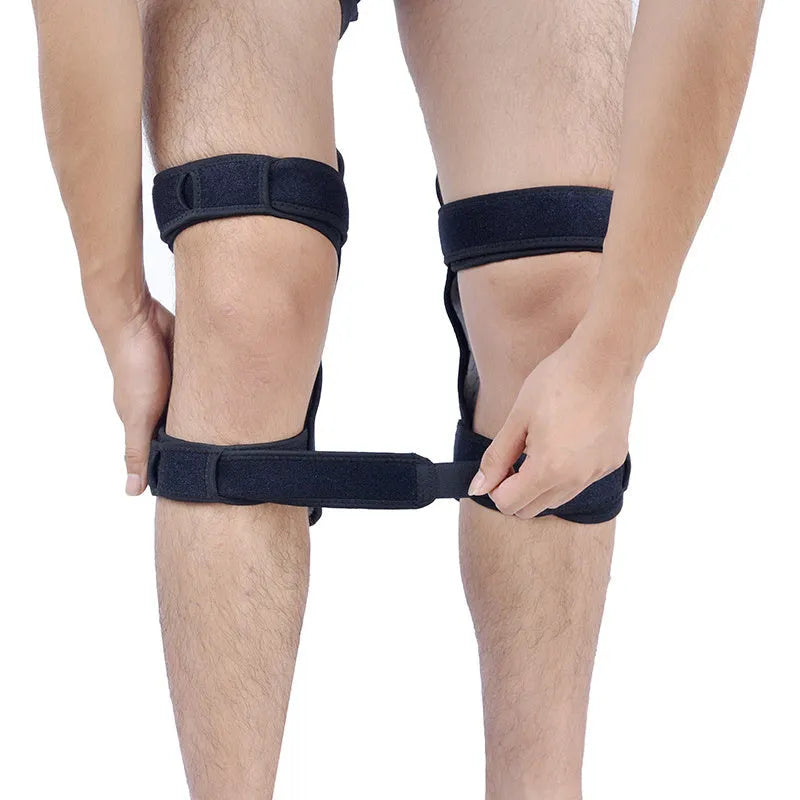 Adjustable spring knee brace with breathable fabric shown in black colour