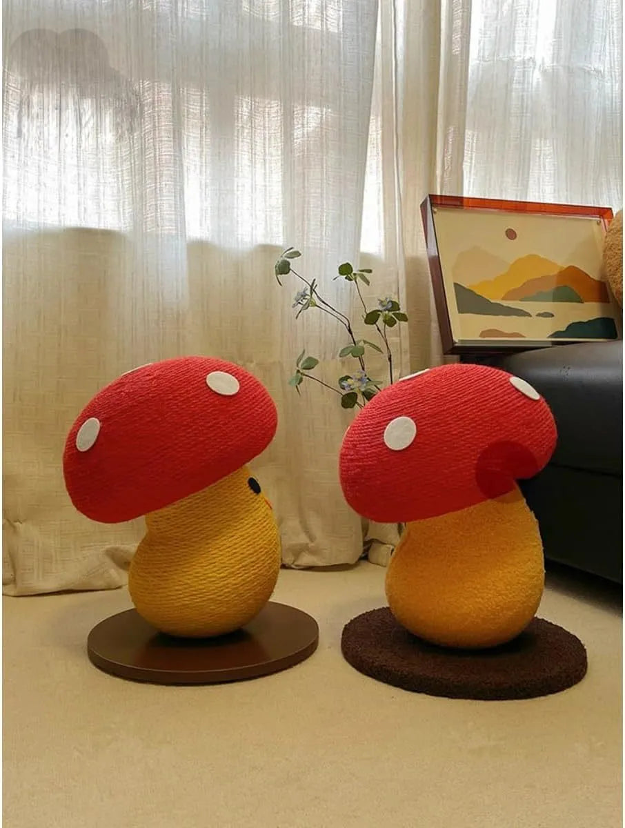 Foldable round mushroom-shaped cat scratcher lounge made from corrugated cardboard