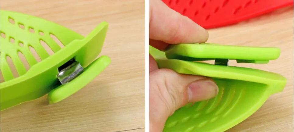 Silicone clip-on funnel strainer attached to kitchen pot for draining liquids